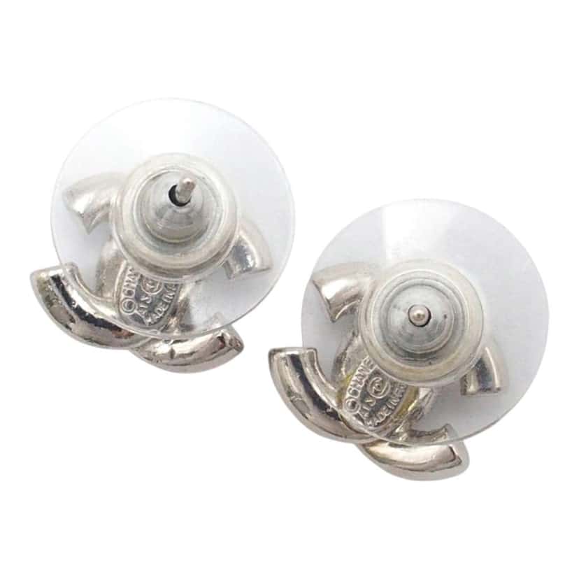 Chanel CC Plated Brass Strass Push Back Earrings Silver Brass Very good condition - Back View