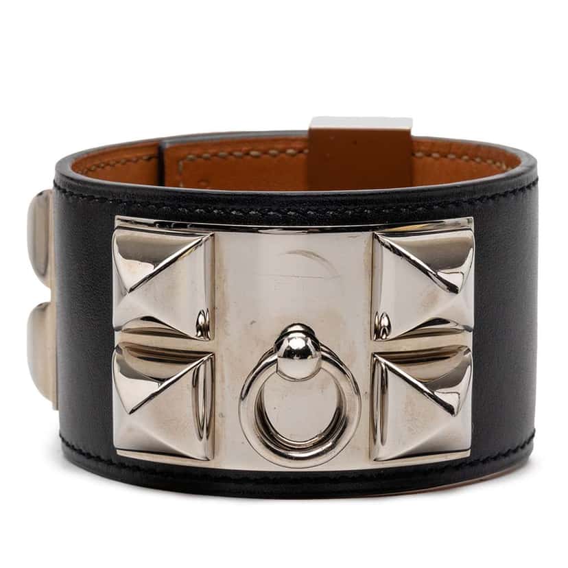 Hermès Swift Leather and Palladium Plated Collier de Chien Bracelet S Black Leather Very good condition - Front View