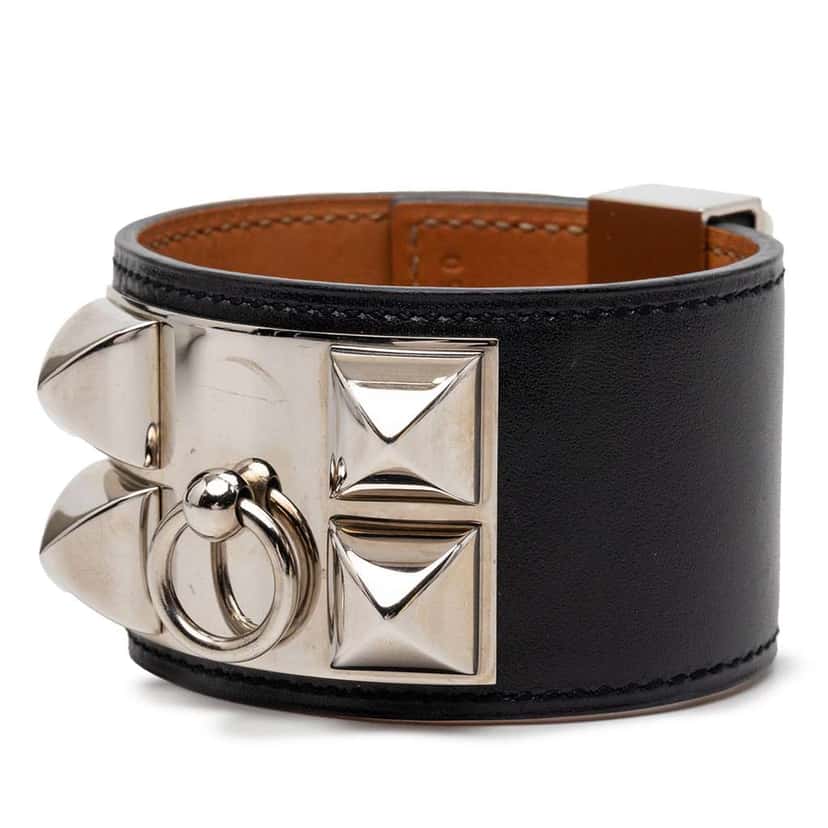 Hermès Swift Leather and Palladium Plated Collier de Chien Bracelet S Black Leather Very good condition - Back View