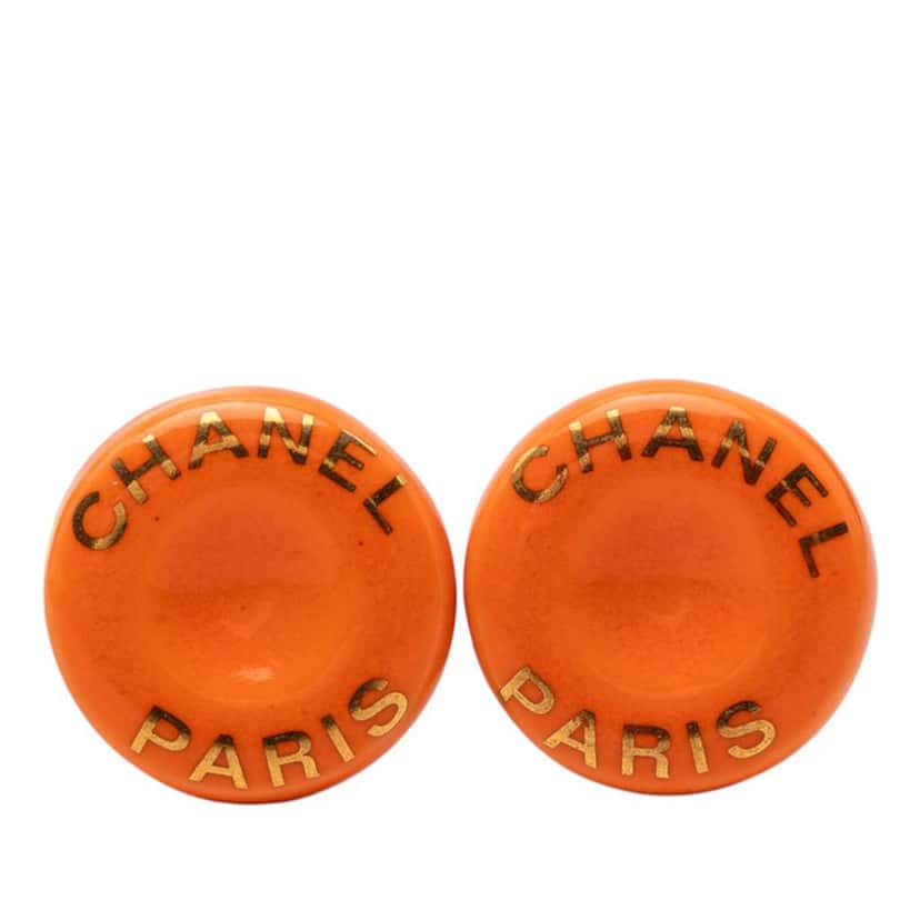 Chanel Resin Logo Round Clip On Earrings Orange Very good condition - Front View