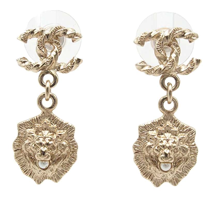 Chanel CC Gold Plated Faux Pearl Lion Head Drop Push Back Earrings Gold Metal Very good condition - Front View