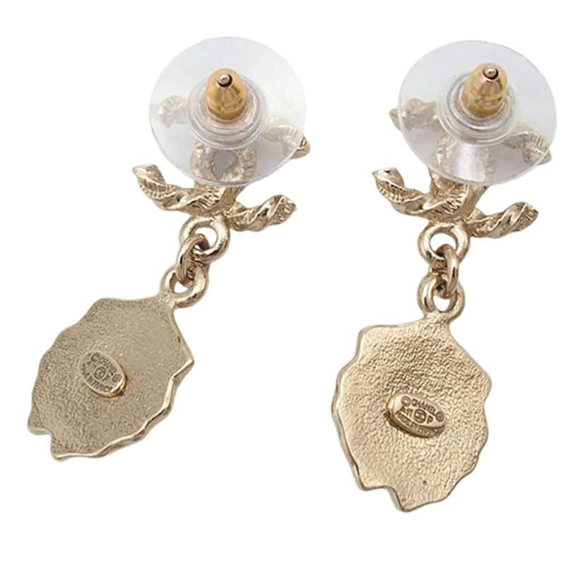 Chanel CC Gold Plated Faux Pearl Lion Head Drop Push Back Earrings Gold Metal Very good condition - Back View