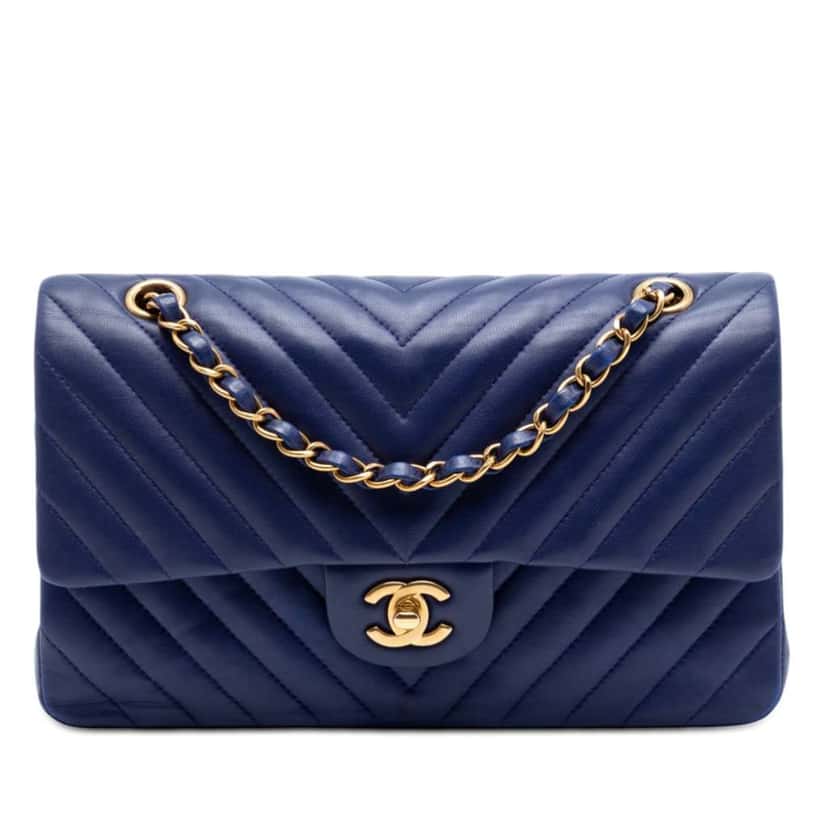 Chanel Medium Classic Chevron Lambskin Double Flap Blue Leather Very good condition - Front View