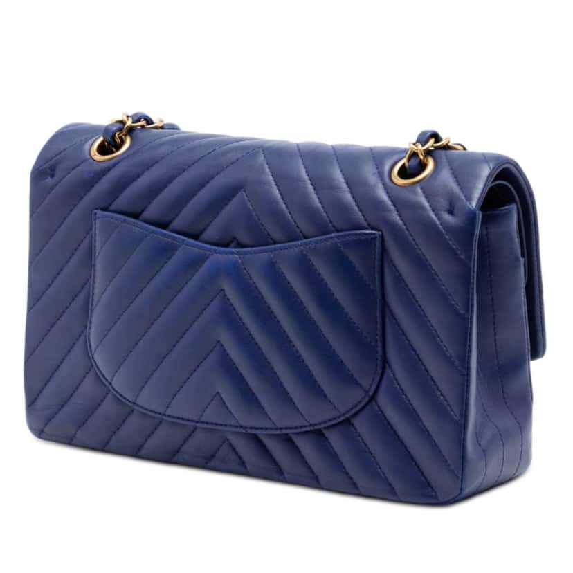 Chanel Medium Classic Chevron Lambskin Double Flap Blue Leather Very good condition - Back View