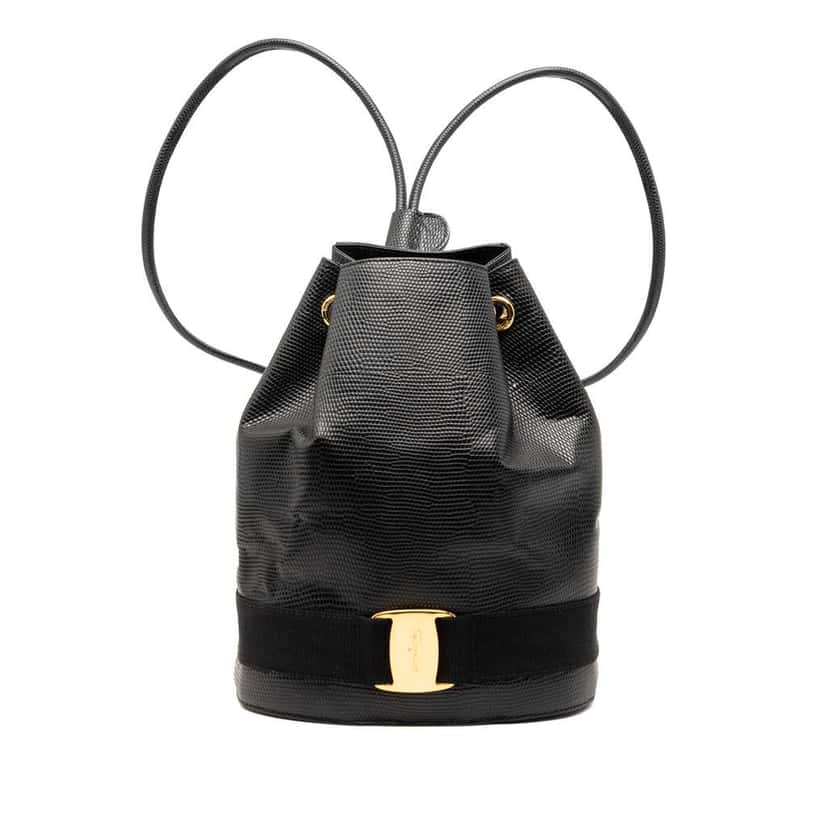 Salvatore Ferragamo Lizard Embossed Leather Vara Bow Drawstring Backpack Black Leather Very good condition - Front View
