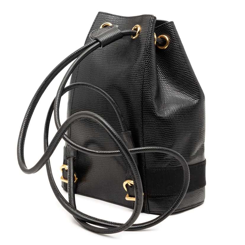Salvatore Ferragamo Lizard Embossed Leather Vara Bow Drawstring Backpack Black Leather Very good condition - Back View