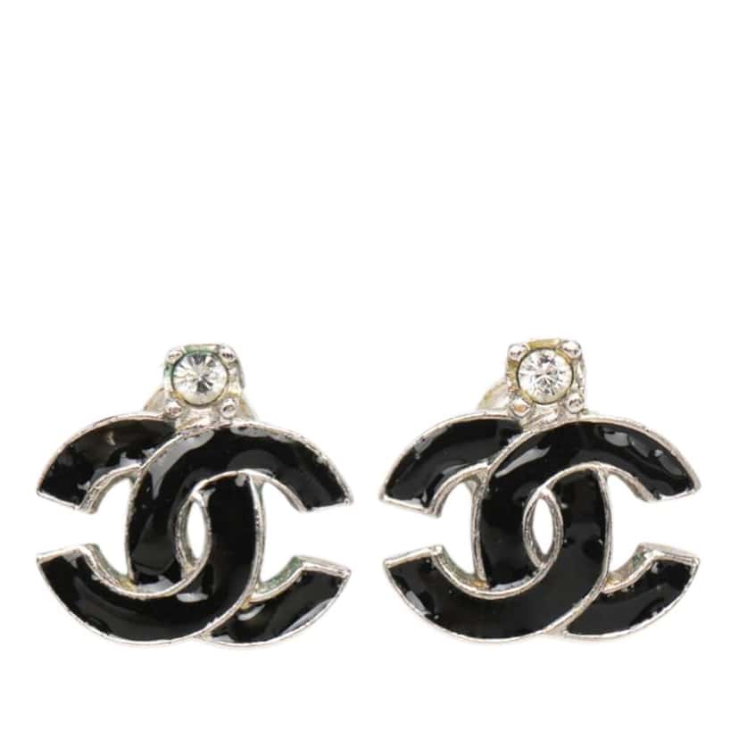 Chanel Silver Plated CC Rhinestone Lacquered Push Back Earrings Silver Very good condition - Front View