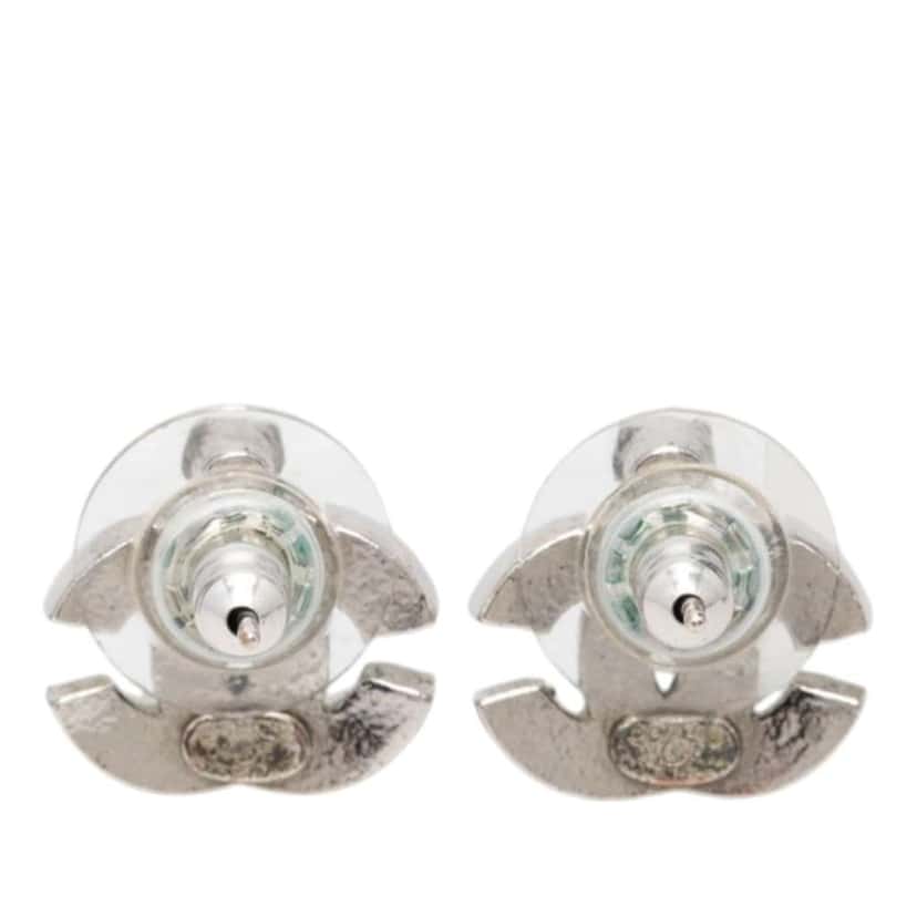 Chanel Silver Plated CC Rhinestone Lacquered Push Back Earrings Silver Very good condition - Back View