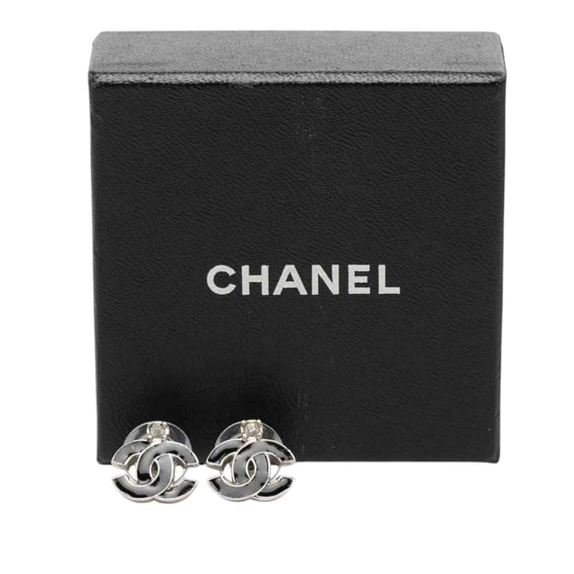 Chanel Silver Plated CC Rhinestone Lacquered Push Back Earrings Silver Very good condition - Model View