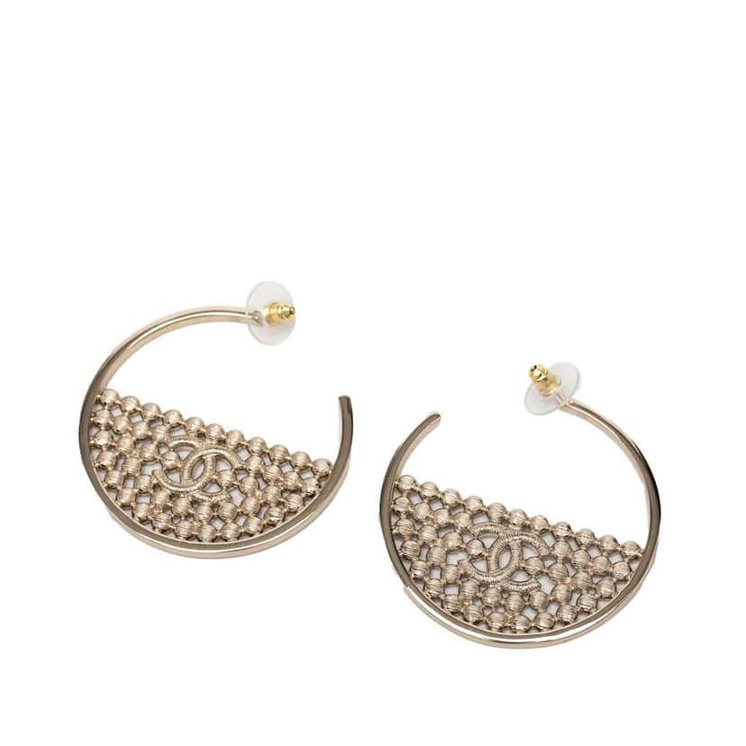 Chanel CC Gold Plated Strass Hoop Push Back Earrings Gold Metal Very good condition - Back View