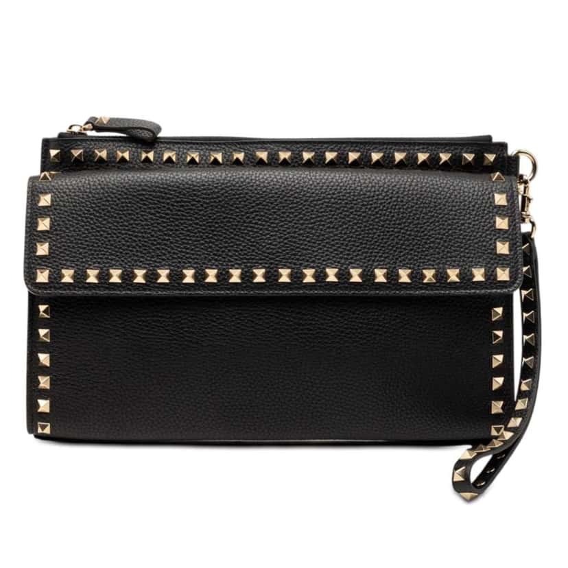 Valentino Grained Calfskin Rockstud Wristlet Clutch Black Leather Very good condition - Front View