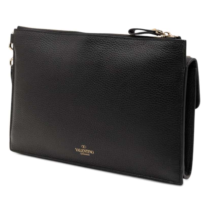Valentino Grained Calfskin Rockstud Wristlet Clutch Black Leather Very good condition - Back View