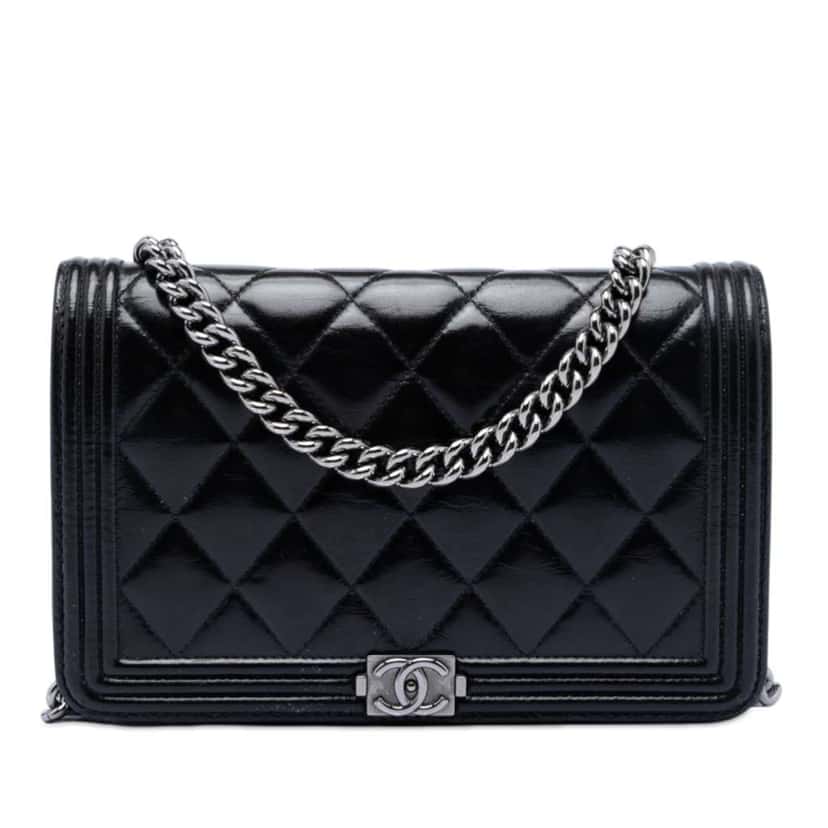 Chanel Quilted Shiny Aged Calfskin Boy Wallet On Chain Black Leather Very good condition - Front View