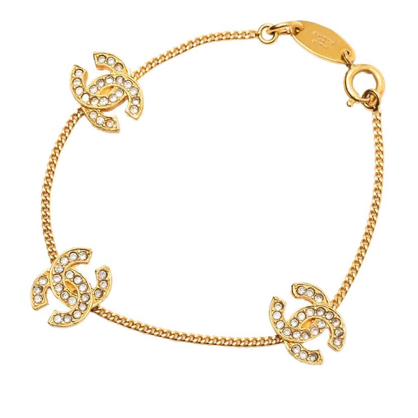 Chanel Gold Plated Rhinestone CC Charm Bracelet Gold Metal Very good condition - Back View