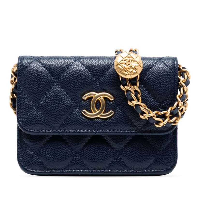 Chanel Quilted Caviar Twist Your Buttons Coin Purse With Chain Blue Leather Very good condition - Front View