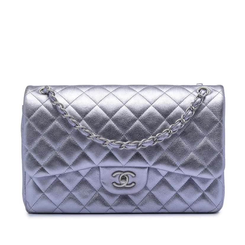Chanel Jumbo Classic Metallic Lambskin Double Flap Purple Leather Very good condition - Front View