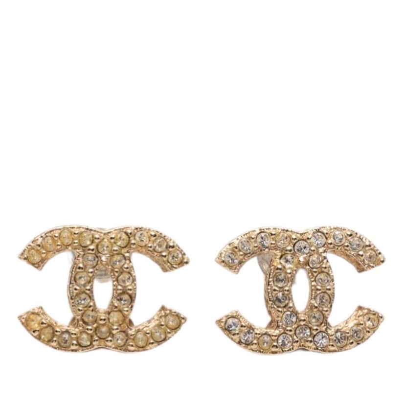 Chanel Gold Plated Rhinestones CC Push Back Earrings Gold Metal Very good condition - Front View