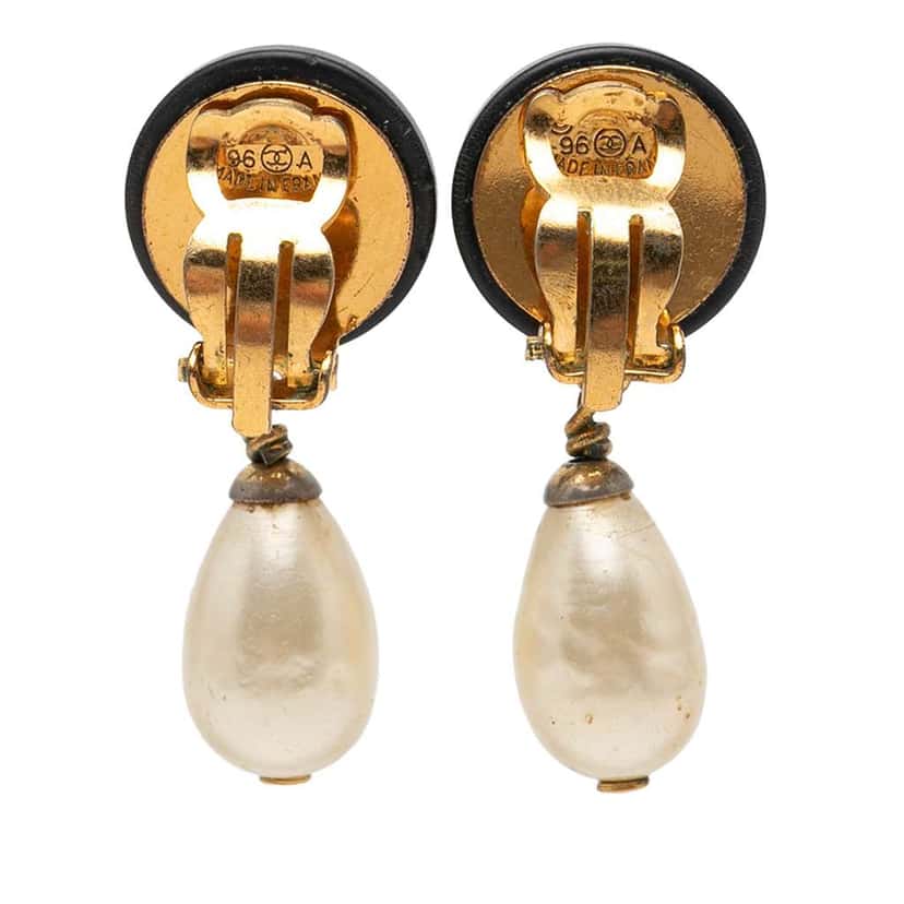 Chanel CC Gold Plated Resin and Faux Pearl Drop Clip On Earrings Gold Metal Very good condition - Back View