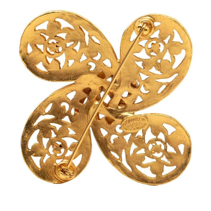 Chanel CC Gold Plated Filigree Flower Brooch Gold Metal Very good condition - Back View