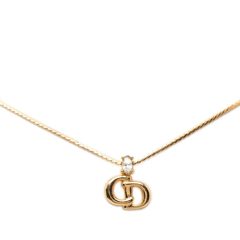 Dior Gold Plated Rhinestone CD Pendant Necklace Gold Metal Very good condition - Front View