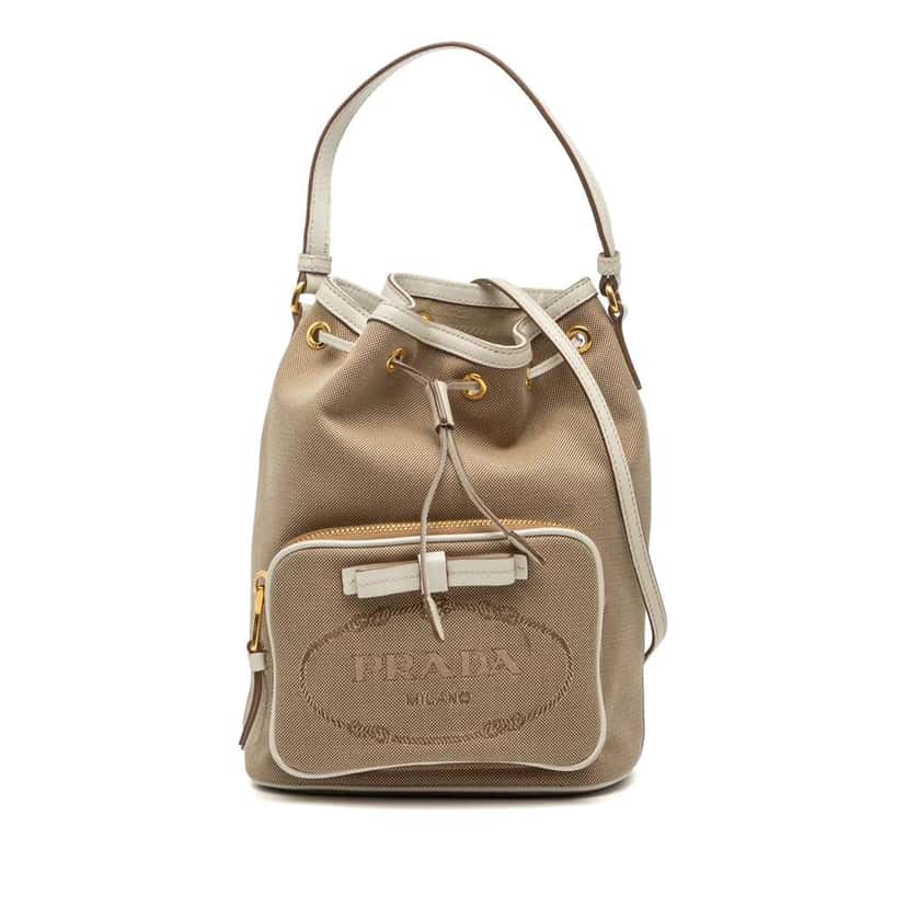 Prada Canvas Canapa Logo Bow Drawstring Bucket Bag Brown Canvas Very good condition - Front View