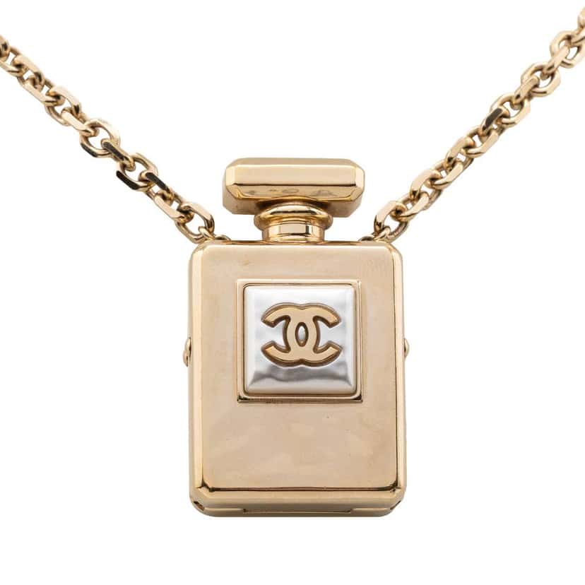 Chanel CC Gold Plated Perfume Bottle Locket Pendant Necklace Gold Metal Very good condition - Front View