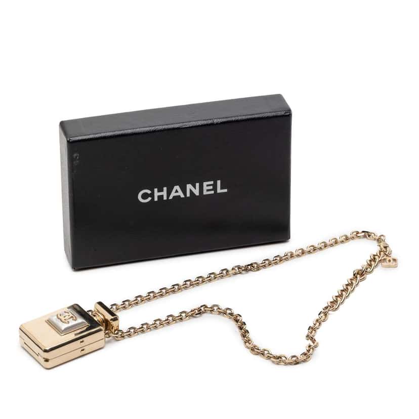 Chanel CC Gold Plated Perfume Bottle Locket Pendant Necklace Gold Metal Very good condition - Box View