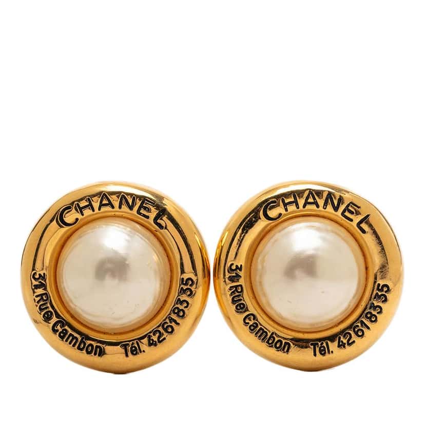 Chanel Gold Plated Faux Pearl 31 Rue Cambon Clip On Earrings Gold Metal Very good condition - Front View