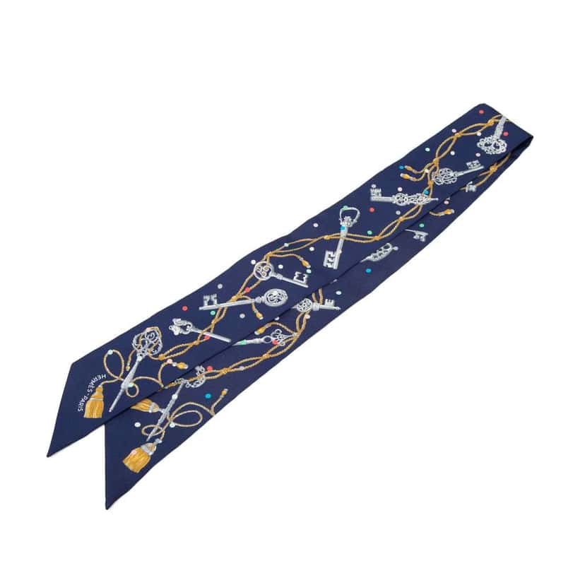 Hermès Les Cles a Pois Silk Twilly Scarf Blue Silk Very good condition - Front View