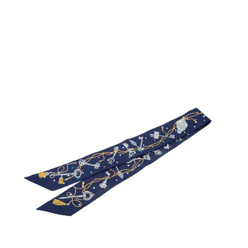 Hermès Les Cles a Pois Silk Twilly Scarf Blue Silk Very good condition - Back View