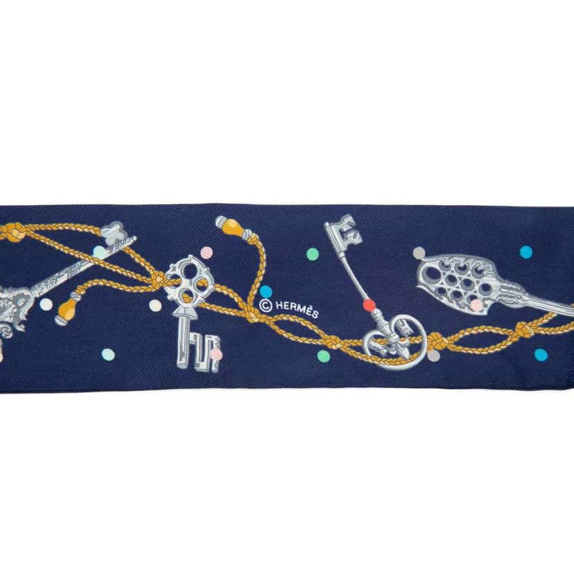 Hermès Les Cles a Pois Silk Twilly Scarf Blue Silk Very good condition - Box View