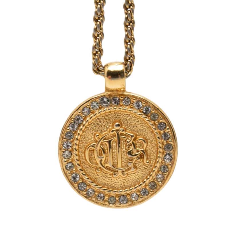 Dior Gold Plated Rhinestone Logo Medallion Pendant Necklace Gold Metal Very good condition - Front View