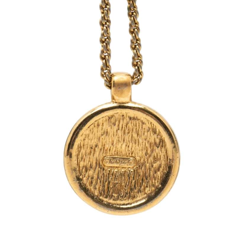 Dior Gold Plated Rhinestone Logo Medallion Pendant Necklace Gold Metal Very good condition - Back View