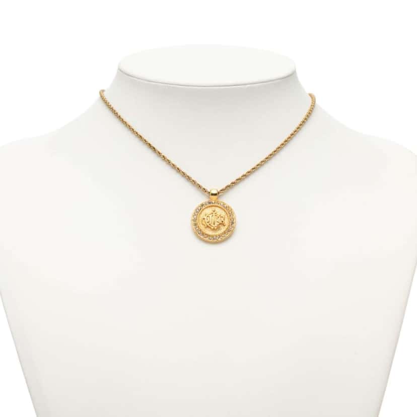 Dior Gold Plated Rhinestone Logo Medallion Pendant Necklace Gold Metal Very good condition - Box View