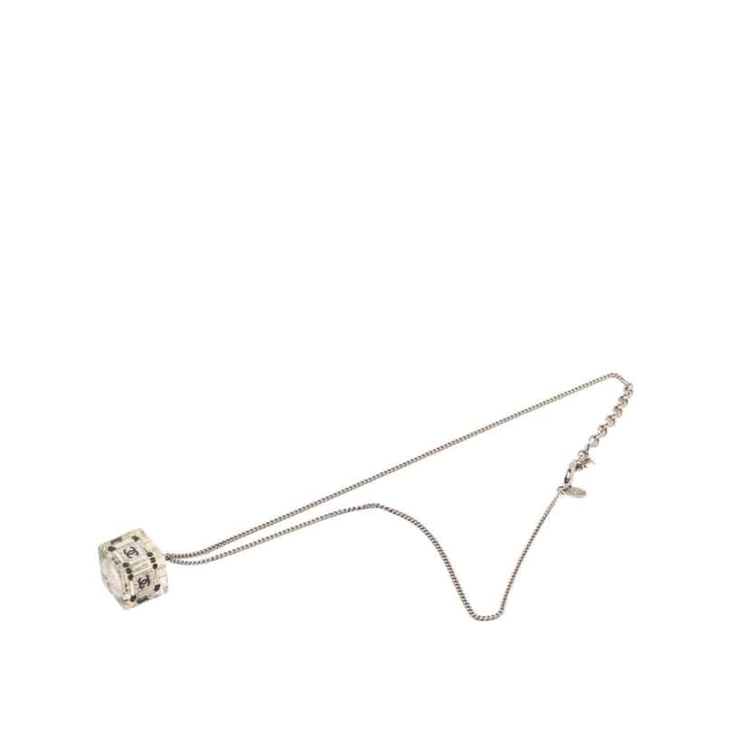Chanel CC Plated Brass Acrylic Cube Pendant Necklace Silver Brass Very good condition - Front View