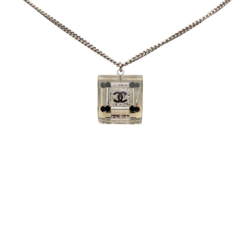 Chanel CC Plated Brass Acrylic Cube Pendant Necklace Silver Brass Very good condition - Back View