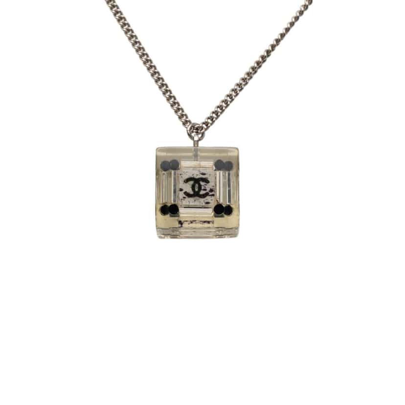 Chanel CC Plated Brass Acrylic Cube Pendant Necklace Silver Brass Very good condition - Inside View
