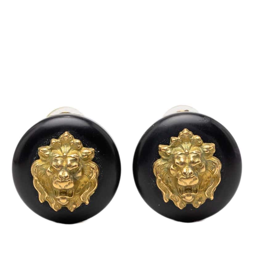 Chanel Gold Plated Resin Lion Head Clip On Earrings Black Very good condition - Front View