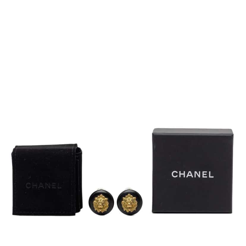 Chanel Gold Plated Resin Lion Head Clip On Earrings Black Very good condition - Model View
