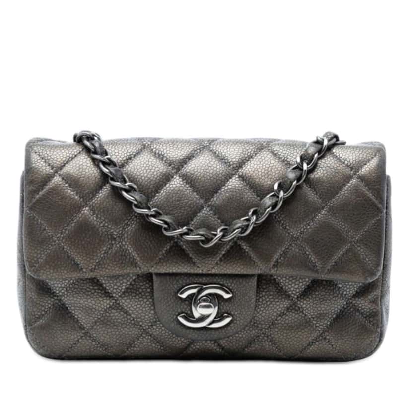 Chanel Mini Rectangular Classic Metallic Caviar Single Flap Grey Leather Very good condition - Front View