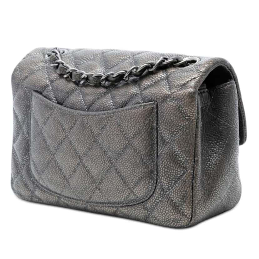 Chanel Mini Rectangular Classic Metallic Caviar Single Flap Grey Leather Very good condition - Back View