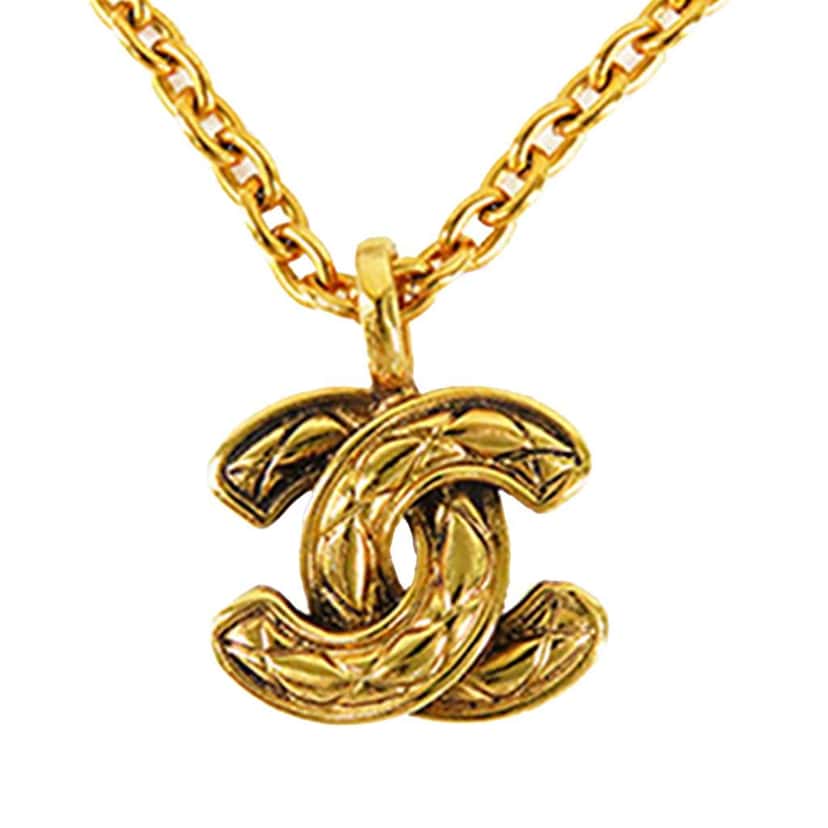 Chanel CC Quilted Gold Plated Pendant Necklace Gold Metal Very good condition - Front View