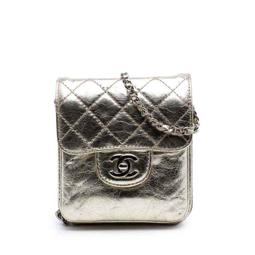 Chanel Quilted Metallic Aged Calfskin Clams Wallet on Chain Gold Leather Very good condition - Front View
