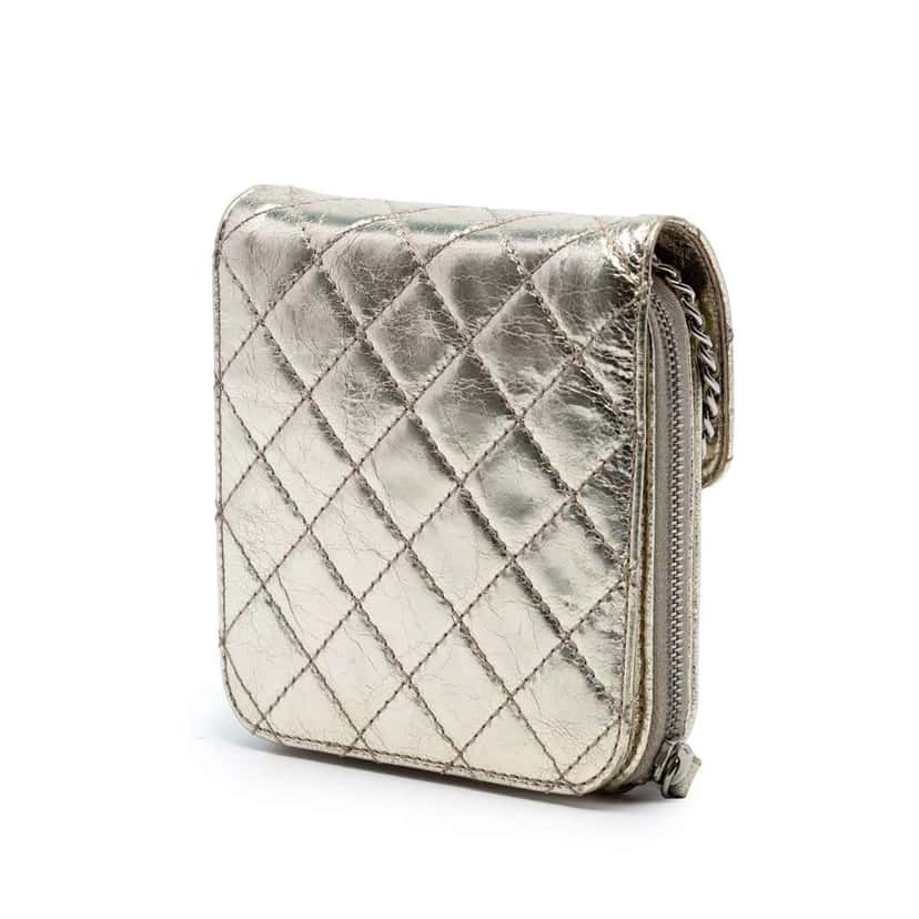 Chanel Quilted Metallic Aged Calfskin Clams Wallet on Chain Gold Leather Very good condition - Back View