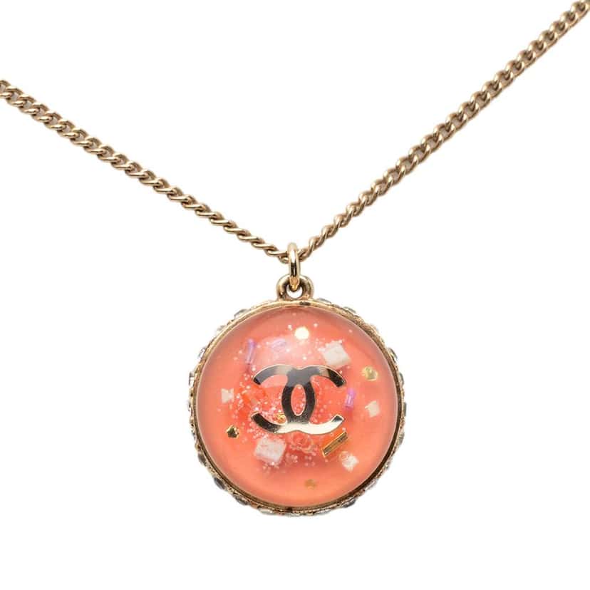 Chanel CC Gold Plated Resin Strass Dome Pendant Necklace Pink Metal Very good condition - Back View