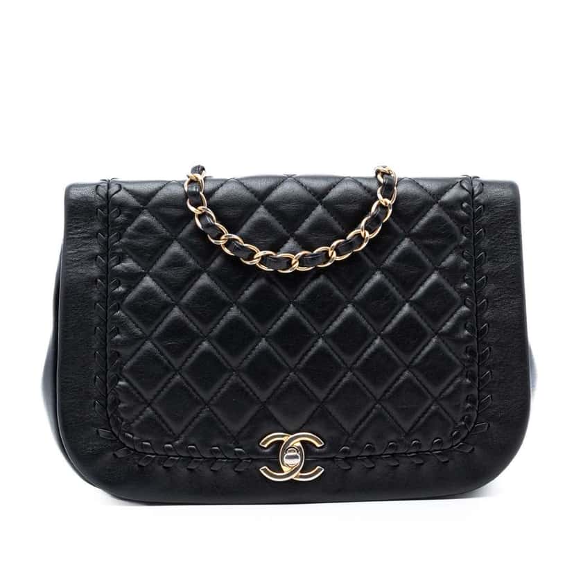 Chanel Quilted Lambskin Braided Saddle Flap Black Leather Very good condition - Front View