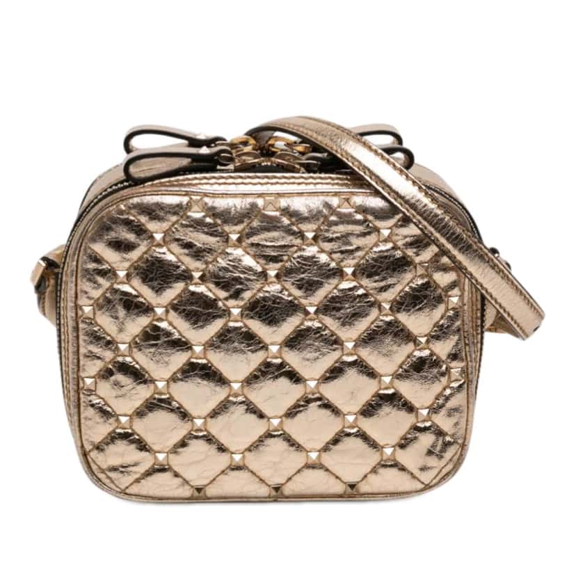 Valentino Metallic Wrinkled Lambskin Rockstud Spike Double Zip Camera Bag Gold Leather Very good condition - Front View