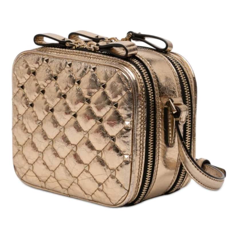 Valentino Metallic Wrinkled Lambskin Rockstud Spike Double Zip Camera Bag Gold Leather Very good condition - Back View