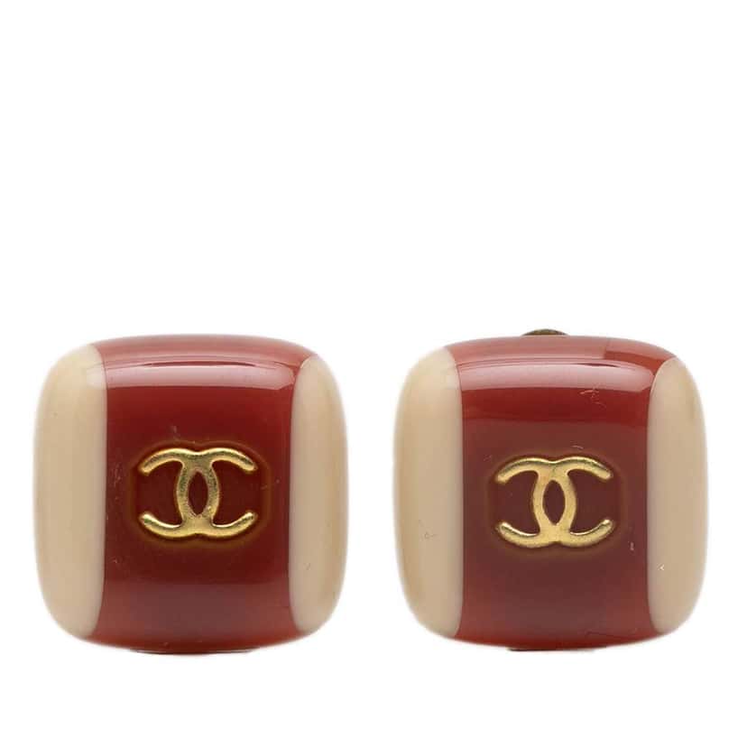 Chanel CC Gold Plated Resin Square Clip On Earrings Red Very good condition - Front View