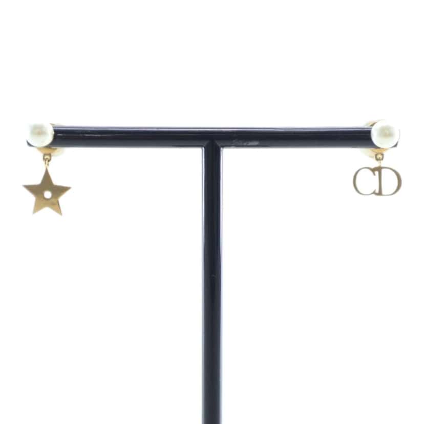 Dior Gold Plated Faux Pearl Logo and Star Tribales Drop Push Back Earrings Gold Metal Very good condition - Model View